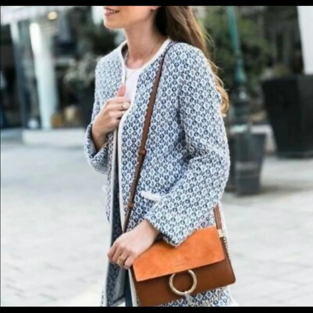 Zara Frayed Printed Blue and White Round-Neck Jacket with Front Pockets - Picture 3 of 8